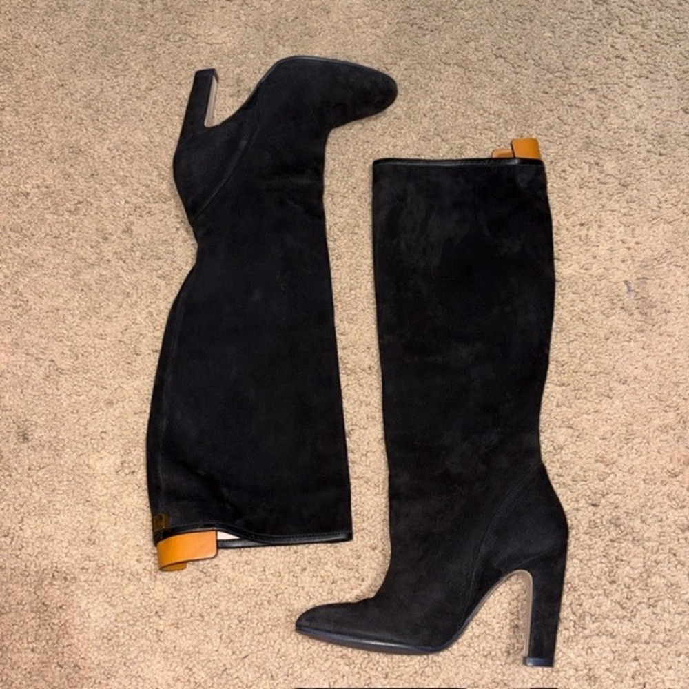 Stuart Weitzman Charlie Suede Knee High Heeled Boot Black 6 - Picture 4 of 14